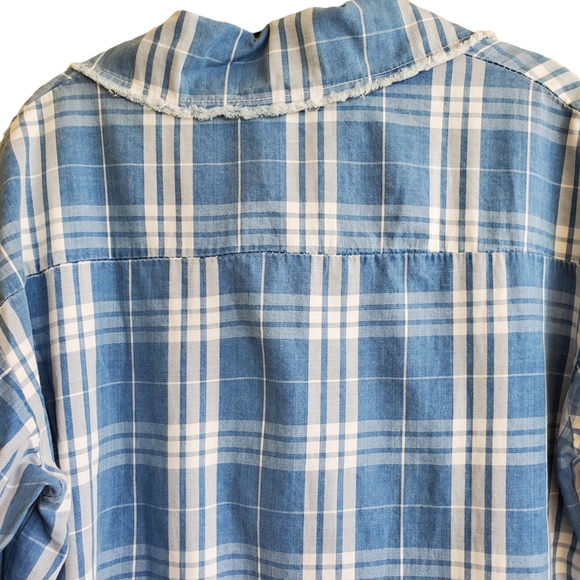 Venti6 Plaid White Blue Tunic Dress Button Up Chunky Collar Raw Hem Size Small - Picture 6 of 10
